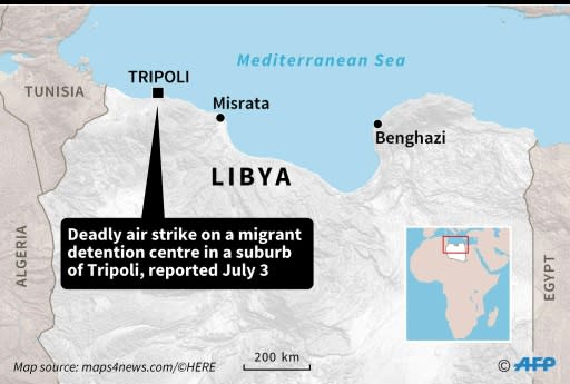 Map showing Tripoli, Libya where an air strike on a migrant detention centre left at least 40 people dead