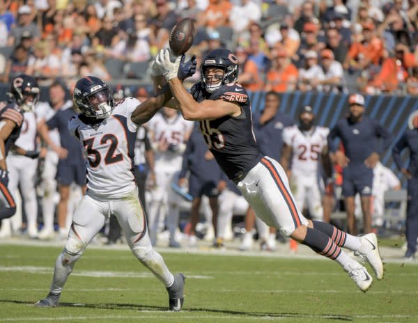 Tight end Cole Kmet (R) and the Chicago Bears will face the Detroit Lions on Sunday in Detroit. File Photo by Mark Black/UPI