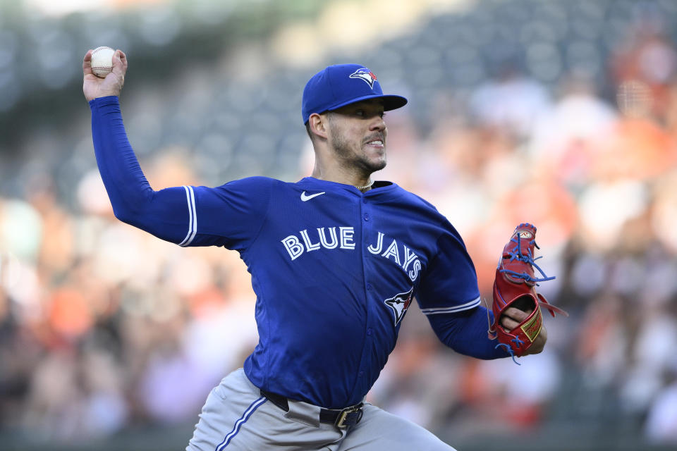 Toronto Blue Jays starting pitcher Jose Berrios throws during the second inning of a baseball game against the Baltimore Orioles, Monday, May 13, 2024, in Baltimore. (AP Photo/Nick Wass)