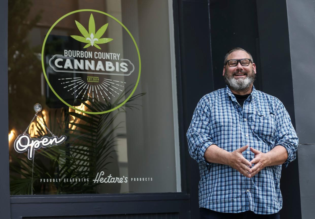 Jeff Stum, standing outside the Bourbon County Cannabis store in New Albany, Ind., is co-founder and chief product officer. June 7, 2023. 