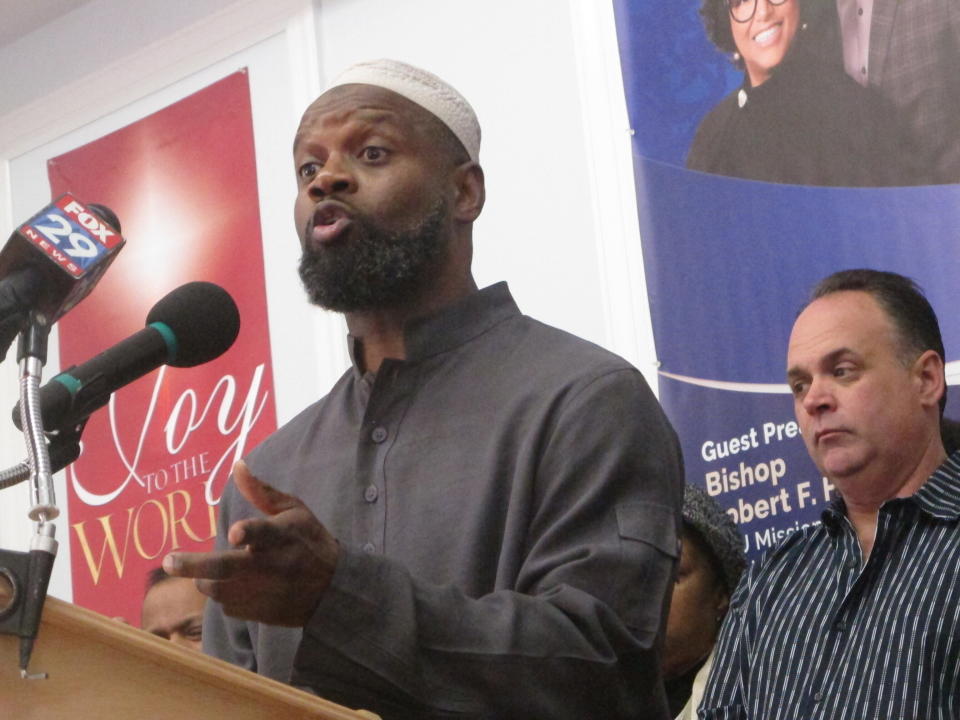 Amin Muhammad, imam of the Masjid Mohammed mosque in Atlantic City N.J. speaks at a church in the city on Jan. 15, 2020. Mayor Marty Small called a press conference to rally opposition to a proposed change of government that would eliminate an elected mayor. A vote has been set for March 31. (AP Photo/Wayne Parry)