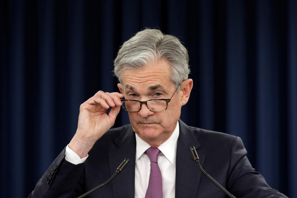 Federal Reserve Board Chairman Jerome Powell speaks at his news conference following the closed two-day Federal Open Market Committee meeting in Washington, U.S., May 1, 2019. REUTERS/Yuri Gripas