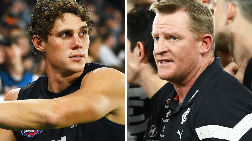 Carlton forward Charlie Curnow and coach Michael Voss.