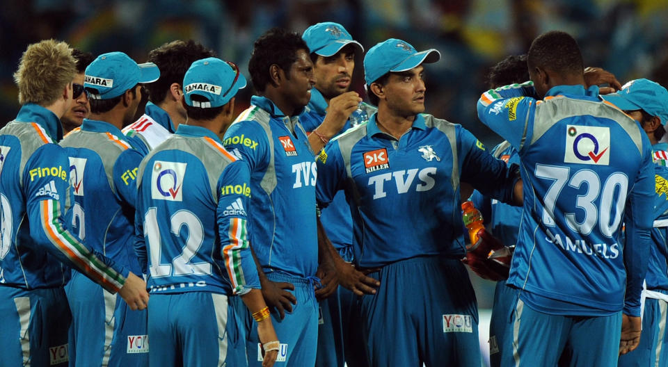 Pune Warriors India cricketers listen to captain Sourav Ganguly (3 R) during the IPL Twenty20 cricket match between Pune Warriors India and Chennai Super Kings at The Subrata Roy Sahara Stadium in Pune on April 14, 2012. RESTRICTED TO EDITORIAL USE. MOBILE USE WITHIN NEWS PACKAGE AFP PHOTO/Indranil MUKHERJEE (Photo credit should read INDRANIL MUKHERJEE/AFP/Getty Images)