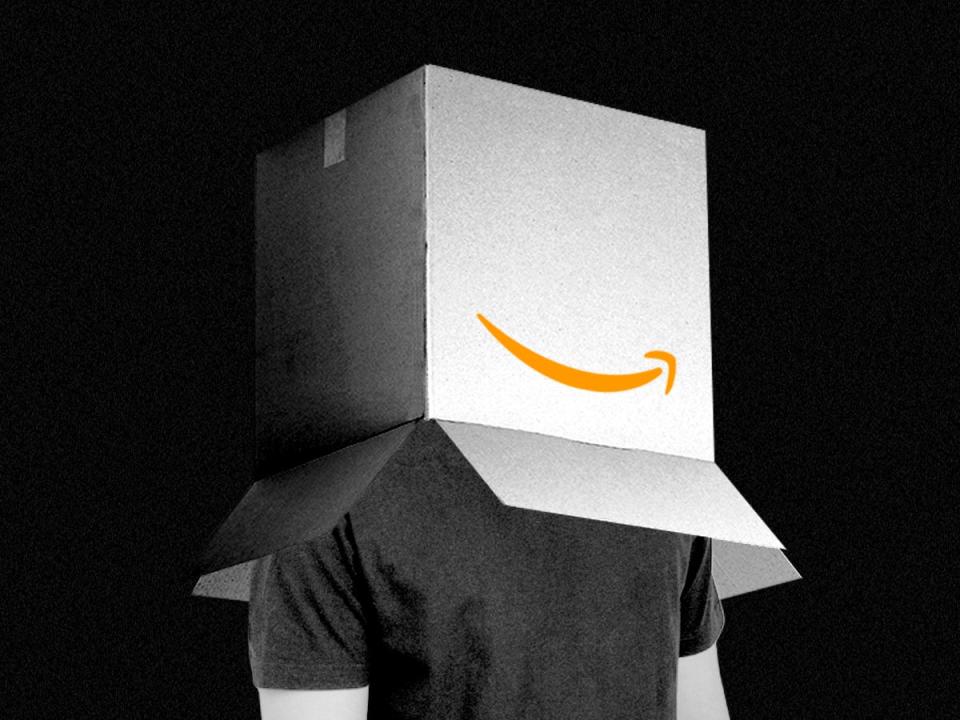 A man with an amazon box over his head