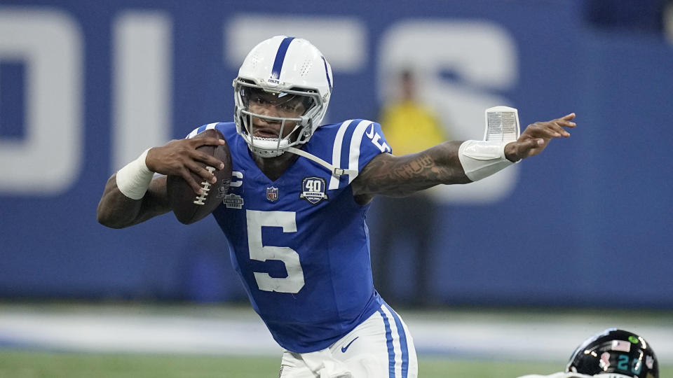 Indianapolis Colts quarterback Anthony Richardson runs with the ball during the first half of an NFL football game against the Jacksonville Jaguars Sunday, Sept. 10, 2023, in Indianapolis. (AP Photo/Darron Cummings)