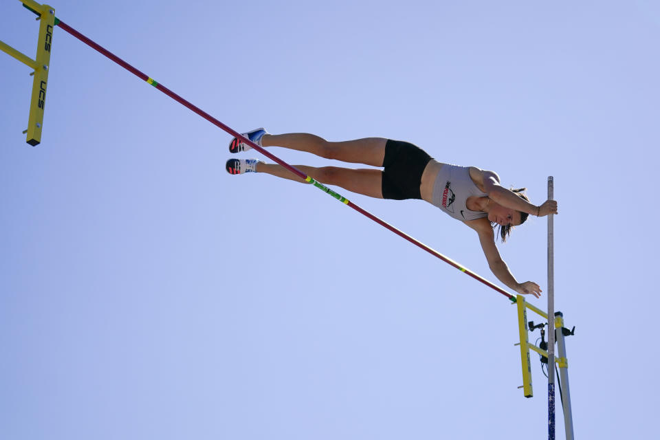 Hana Moll competes in the women's pole vault during the U.S. track and field championships in Eugene, Ore., Sunday, July 9, 2023. (AP Photo/Ashley Landis)