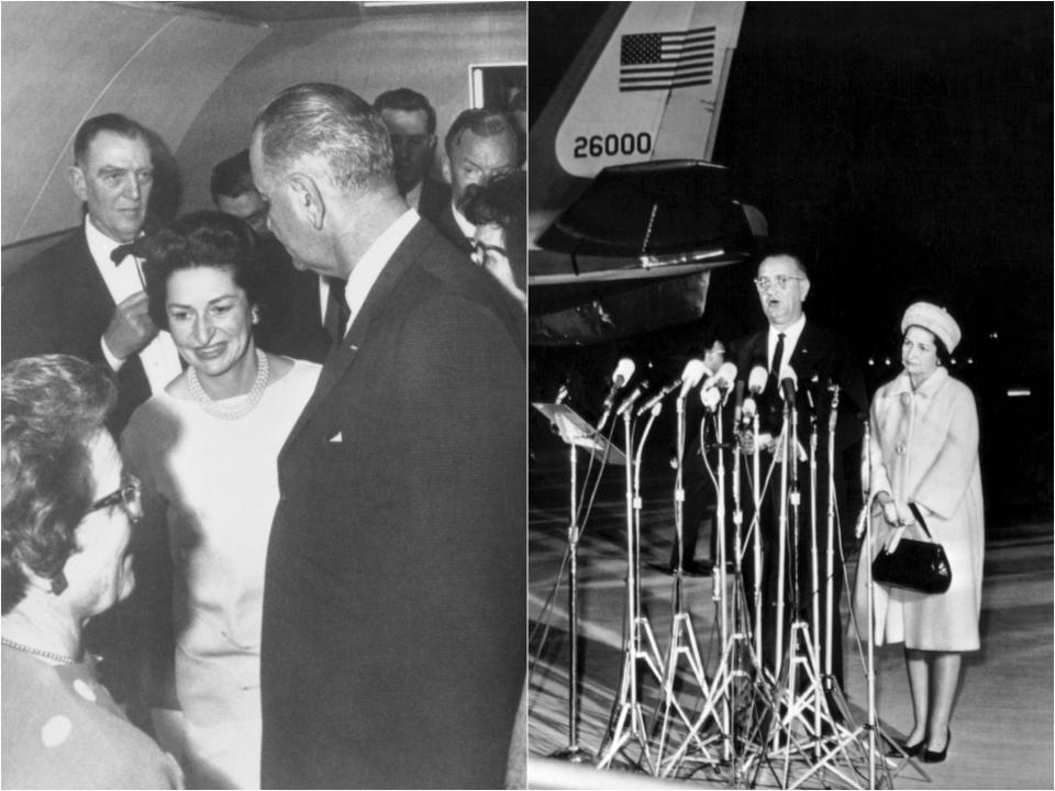 Lady Bird in a white simple dress and string of pearls next to her husband.