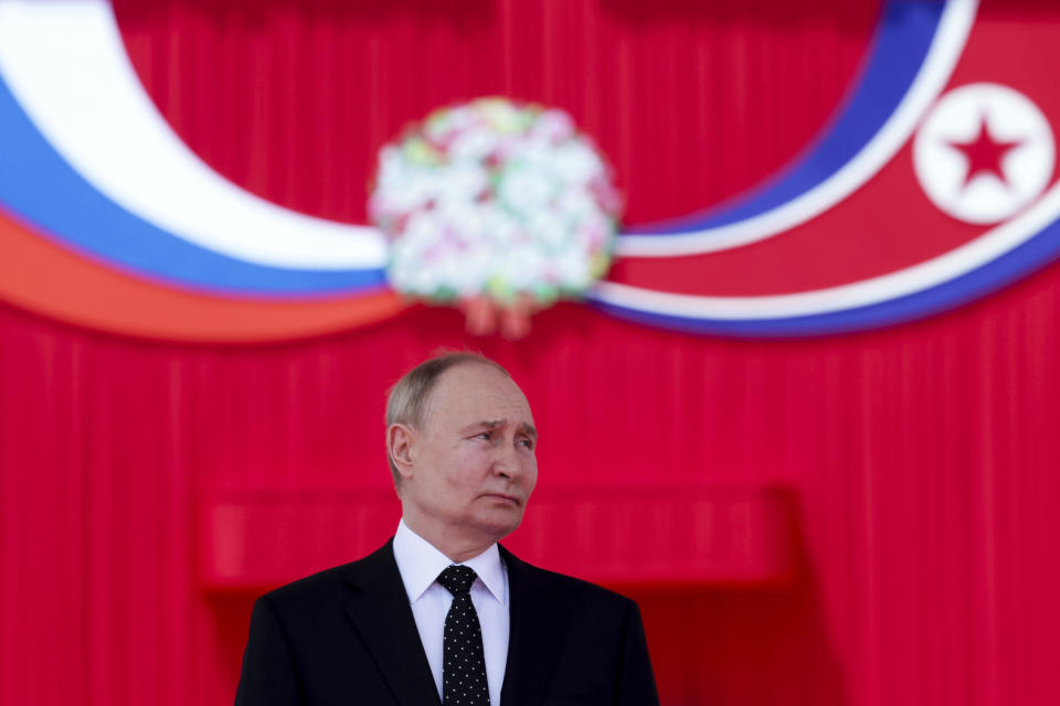 Russian President Vladimir Putin attends the official welcome ceremony with North Korea's leader Kim Jong Un in the Kim Il Sung Square in Pyongyang, North Korea, on Wednesday, June 19, 2024. (Gavriil Grigorov, Sputnik, Kremlin Pool Photo via AP)