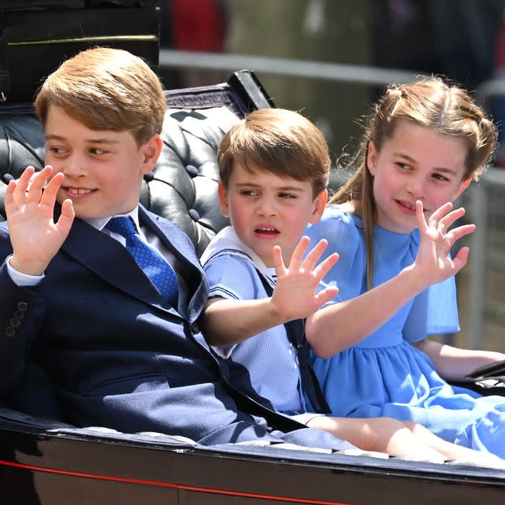  Prince George, Prince Louis and Princess Charlotte in the carriage procession at Trooping the Colour during Queen Elizabeth II Platinum Jubilee on June 02, 2022 in London, England 