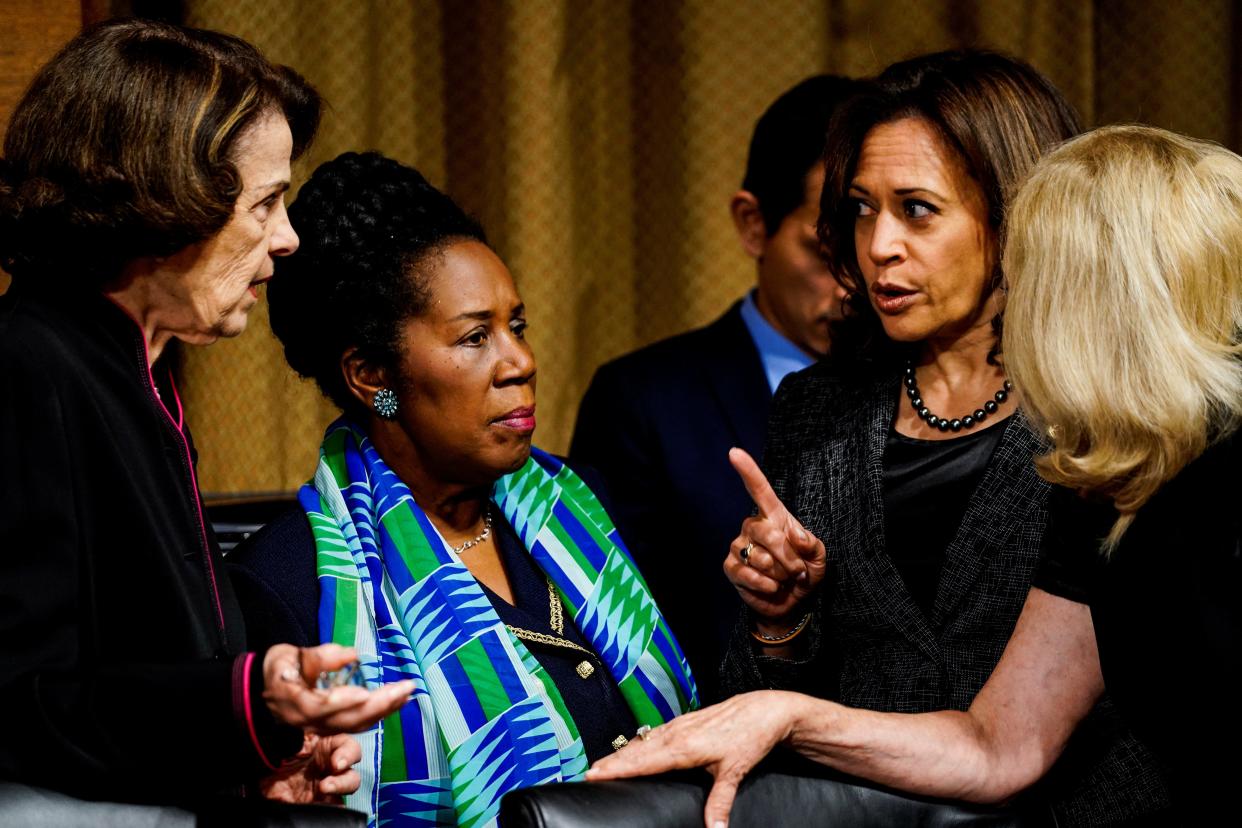 U.S. Rep. Sheila Jackson Lee, second from left, died July 19 after announcing last month that she had been diagnosed with pancreatic cancer. QAnon-linked groups are pushing a baseless theory linking her death to oversight of the Secret Service and the Trump shooting.