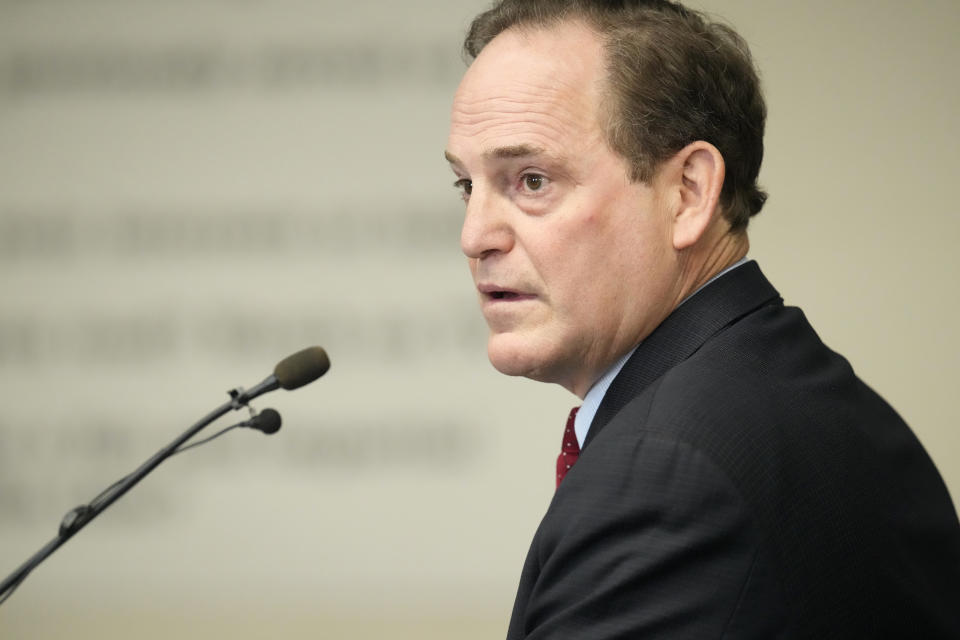 Attorney Geoff Blue speaks during a hearing for a lawsuit to keep former President Donald Trump off the state ballot in Denver District Court Thursday, Nov. 2, 2023, in Denver. (AP Photo/David Zalubowski, Pool)