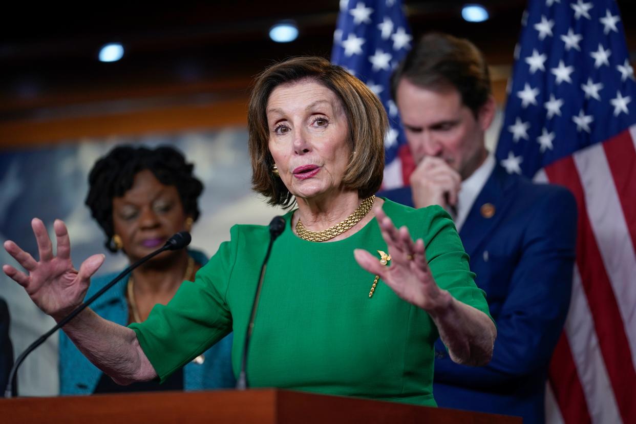 Nancy Pelosi speaks to reporters at the Capitol. (AP)