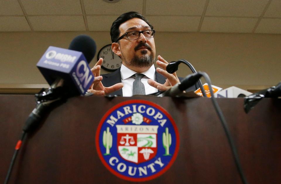 Maricopa County Recorder Adrian Fontes speaks during a news conference in Phoenix on Sept. 12, 2018.