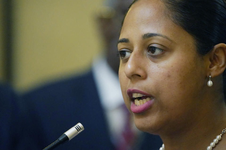 Rep. Zakiya Summers, D-Jackson, expresses the Mississippi Legislative Black Caucus' disappointment at the passage of House Bill 1020, legislation that would create a separate court system in the Capitol Complex Improvement District, at the Mississippi Capitol, Wednesday, Feb. 8, 2023, in Jackson. (AP Photo/Rogelio V. Solis)