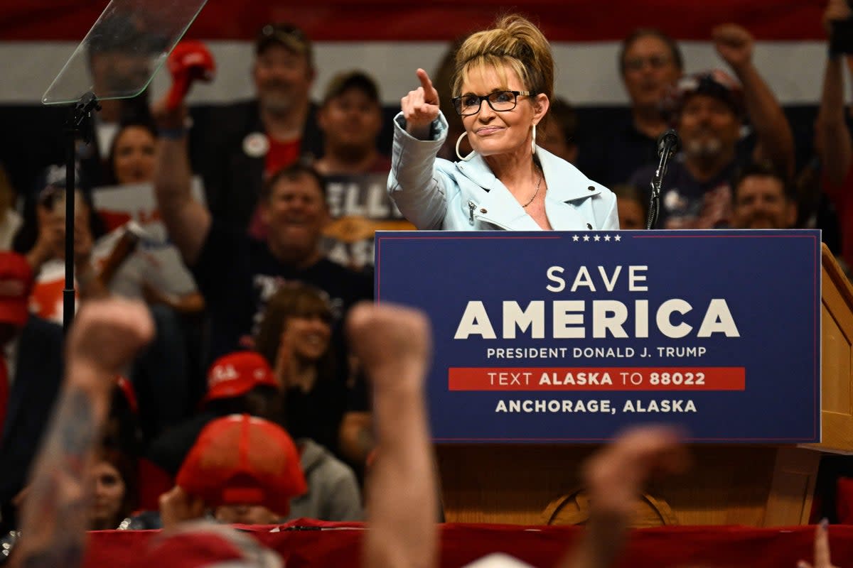 Sarah Palin speaks on stage during a Save America rally before former US President Donald Trump in Anchorage, Alaska on July 9, 2022 (AFP via Getty Images)