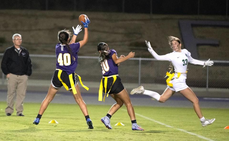 Escalon’s Violette Kent intercepts at tipped ball duirng the CIF Sac-Joaquin Section Division II semifinal playoff game with St. Mary’s in Escalon, Calif., Wednesday, Nov. 1, 2023. St. Mary’s won the game 12-6.