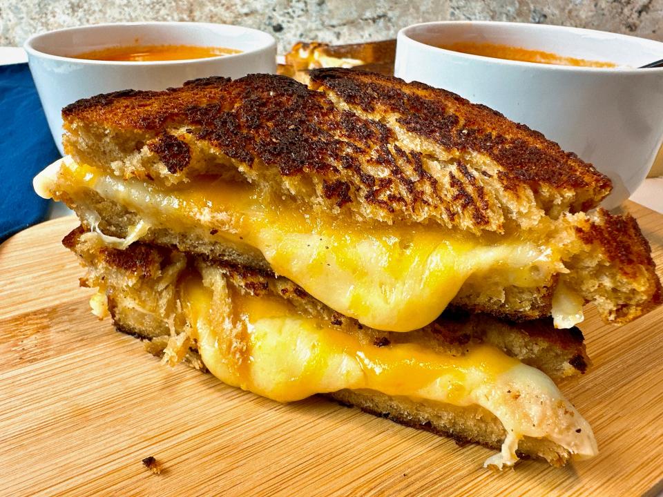 For the best, melty cheese pull, add gruyere to your grilled cheese.