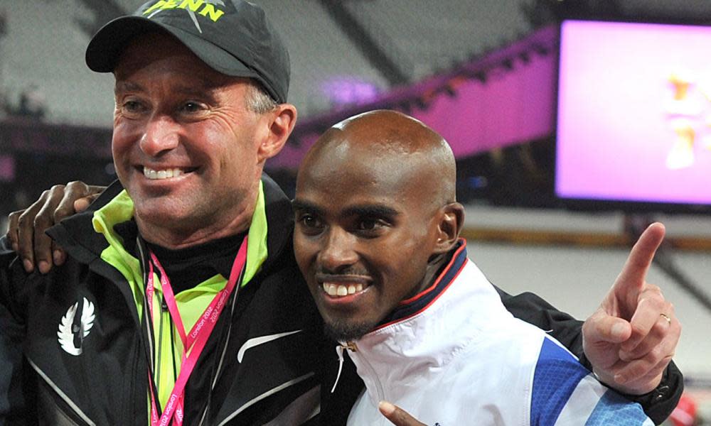 Mo Farah celebrating winning the 10,000m final with coach Alberto Salazar in 2015. 