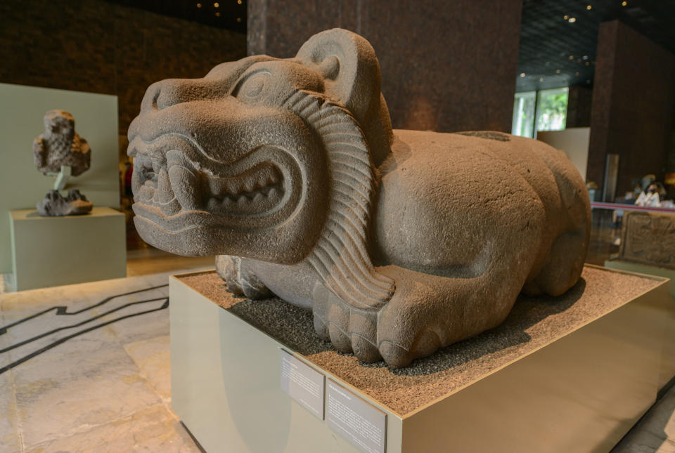 Una antigua escultura de jaguar en el Museo Nacional de Antropología de Ciudad de México, el 22 de julio de 2022. (Adrian Wilson/The New York Times).