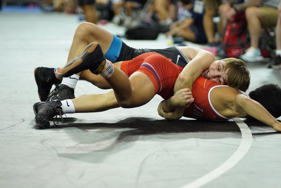 Southeast Polk's Ryker Graff attempts at gut wrench at the 16U Greco-Roman national championships. Graff, who will be a sophomore this fall, made the national finals at 106 pounds.