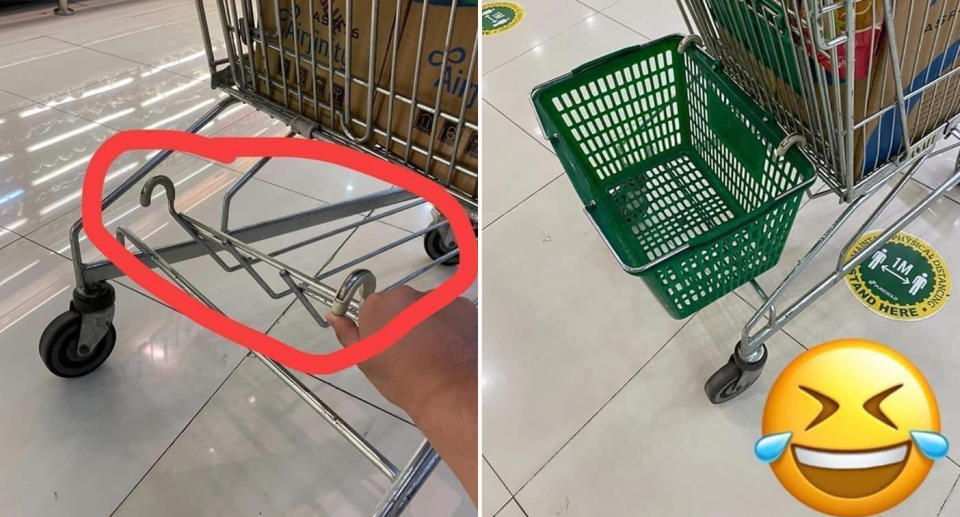 Left a shopper is seen pointing to a bar under a trolley. Right is the basket hooked onto the back of the trolley.