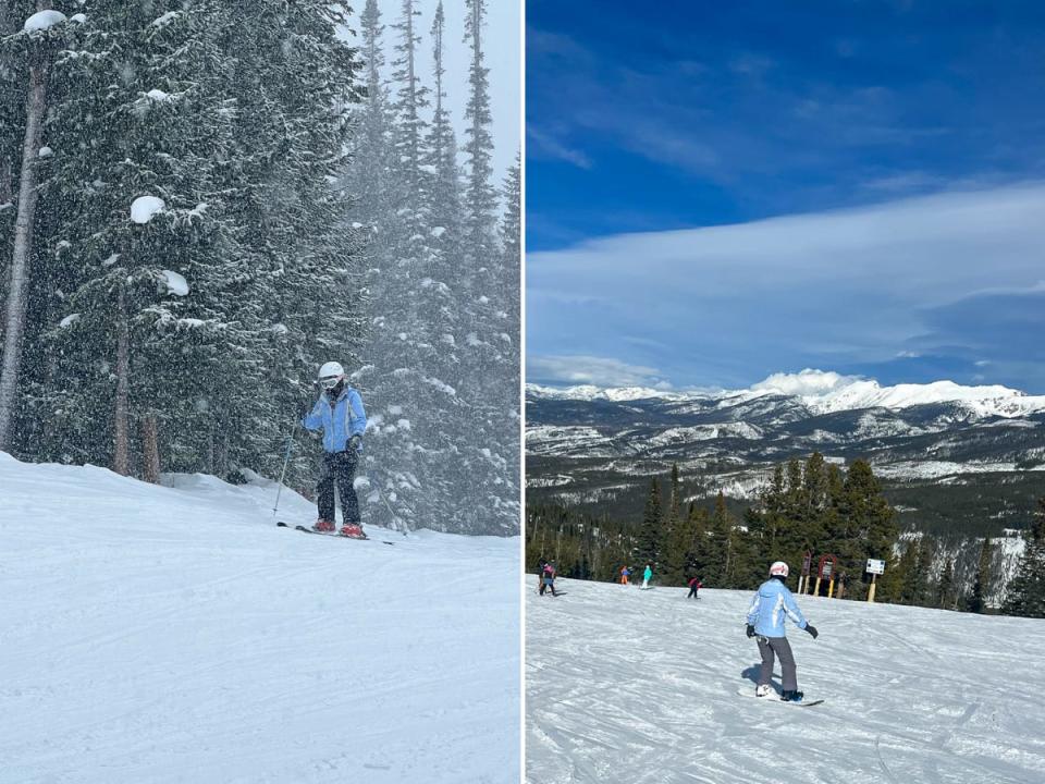 Side-by-side images of the author skiing and snowboarding.