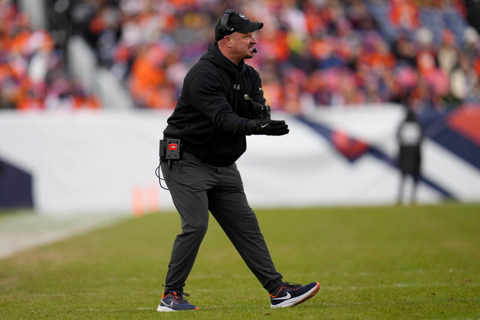 Denver Broncos head coach Nathaniel Hackett reacts after an interception against the Arizona Cardinalsduring the first half of an NFL football game, Sunday, Dec. 18, 2022, in Denver. (AP Photo/Jack Dempsey)