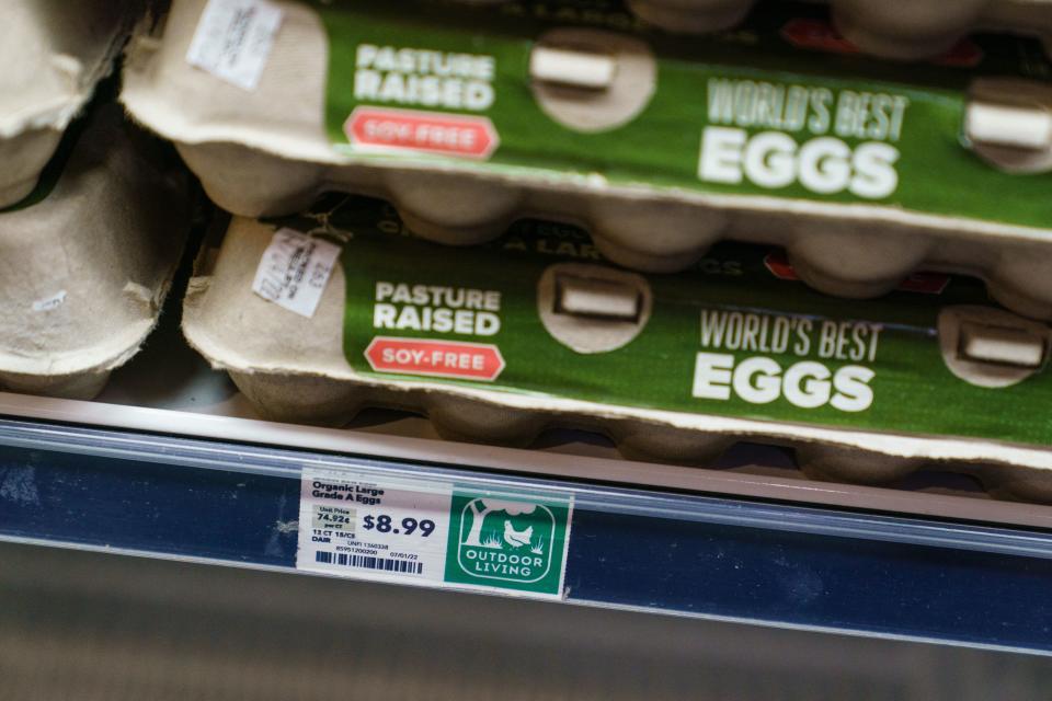 Cartons of eggs on a grocery store shelf labeled: Pasture-raised soy-free world's best eggs, $8.99