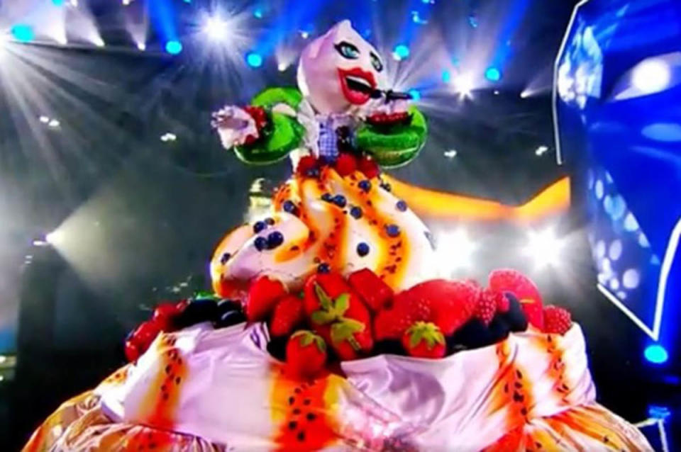 The Masked Singer Australia 2021 contestant Pavlova performs on stage. Photo: Channel 10.