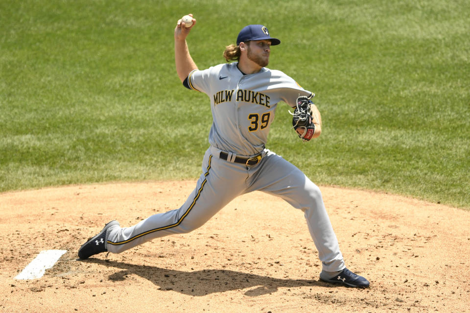 Milwaukee Brewers starter Corbin Burnes delivers a pitch during the first inning of a baseball game against the Chicago Cubs Saturday, July 25, 2020, in Chicago. (AP Photo/Paul Beaty)