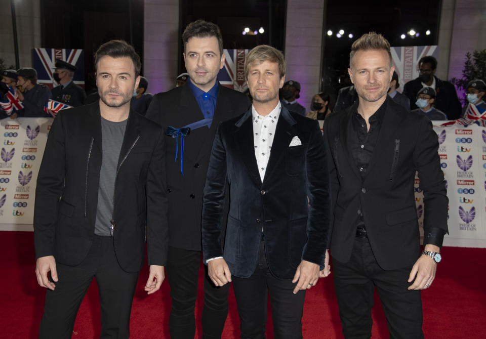 Westlife (L-R) Shane Filan, Mark Feehily, Nicky Bryne and Kian Egan attend the Pride of Britain awards in partnership with TSB at the Grosvenor House Hotel, Park Street in London. (Photo by Gary Mitchell / SOPA Images/Sipa USA)