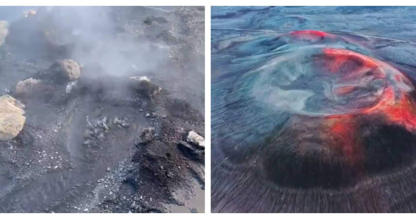 冰島知名旅遊景點藍湖溫泉2日撤離疏散，從社群平台上的畫面可見，地面上直接竄出濃煙。（圖／翻攝自X）