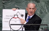 FILE PHOTO: Israel's Prime Minister Netanyahu points to red line he has drawn on graphic of bomb as he addresses 67th United Nations General Assembly in New York