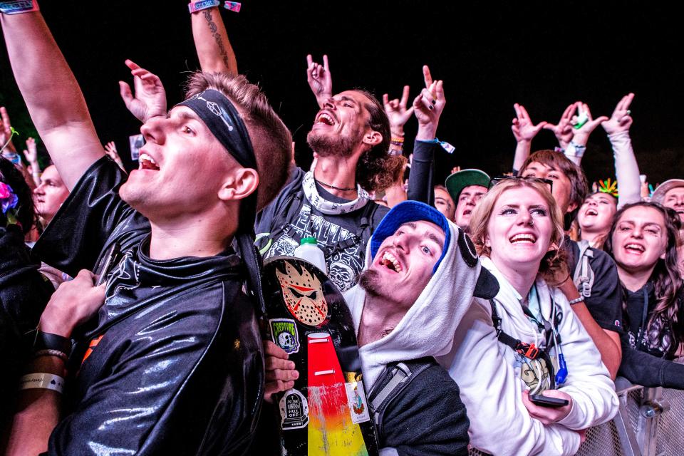 Fans makes hands signals to Weezer during their performance on Firefly's main stage on Day 2 of the 2022 Firefly Music Festival in Dover, Friday, Sept. 23, 2022.