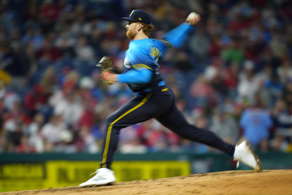 Philadelphia Phillies' Spencer Turnbull pitches during the sixth inning of a baseball game against the Chicago White Sox, Friday, April 19, 2024, in Philadelphia. (AP Photo/Matt Slocum)