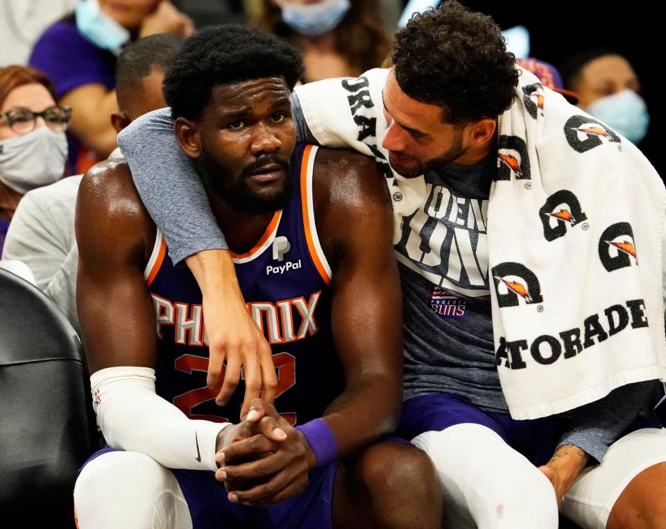 Nov 4, 2021; Phoenix, Arizona, USA; Phoenix Suns center Deandre Ayton (22) reacts after picking up a technical foul against the Houston Rockets in the second half at Footprint Center. Mandatory Credit: Rob Schumacher-Arizona Republic