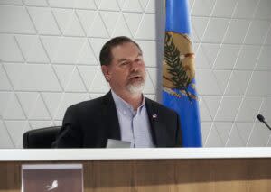  Oklahoma City Public Schools Superintendent Sean McDaniel speaks at a school board meeting to address his resignation at the Clara Luper Center for Educational Services on Feb. 29. (Photo by Nuria Martinez-Keel/Oklahoma Voice)