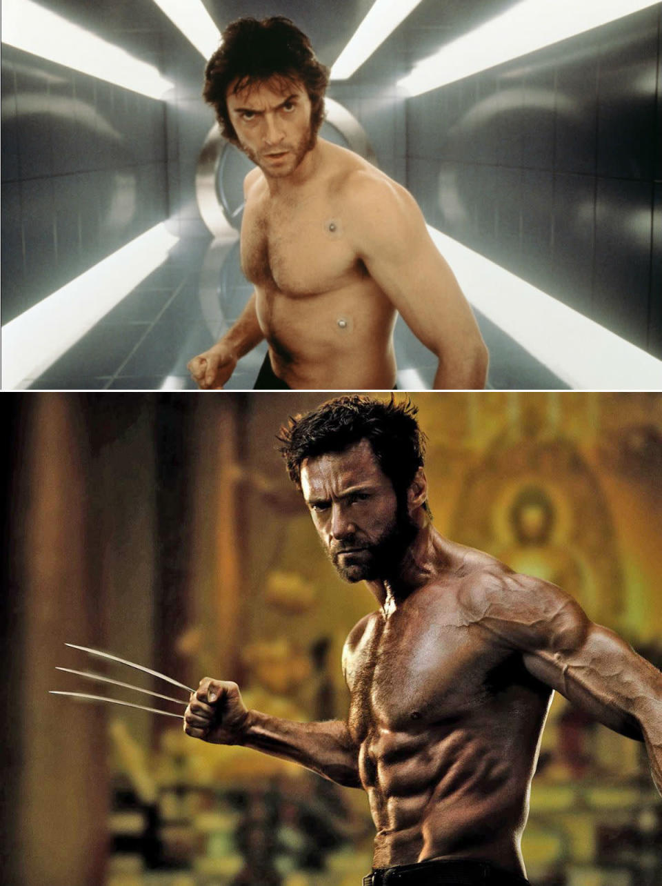 Hugh Jackman reconoció que no entrenó demasiado cuando le tocó interpretar a Lobezno por primera vez en ‘X-Men’ (2000), pero en las posteriores películas se implicó mucho más, como puedes apreciar en estas dos imágenes.