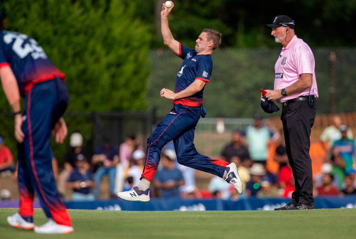 South African Anrich Nortje of the Washington Freedom bowls against the LA Knight Riders, during a Major League Cricket match on Thursday, July 20, 2023 at Church Street Park in Morrisville, N.C. Nortje, age 29, is one of the top cricketers in the world