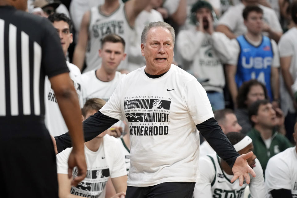 Michigan State head coach Tom Izzo argues a call during the first half of an NCAA college basketball game against Purdue, Monday, Jan. 16, 2023, in East Lansing, Mich. (AP Photo/Carlos Osorio)