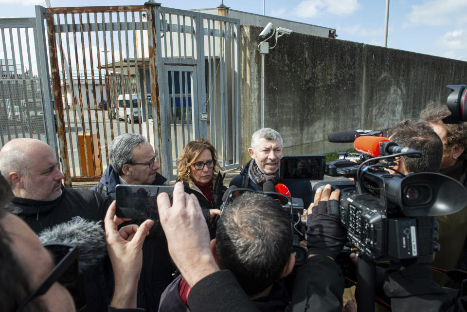 From right, Italian Senators Ivan Scalfarotto, Ilaria Cucchi, Walter Verini, meet reporters as they exit a migrants repatriation center in Ponte Galeria, in the outskirts of Rome, after a surprise visit, Wednesday, March 6, 2024. Pressure is building on Italy authorities to close the notorious migrant detention center of Ponte Galeria where Ousmane Sylla, a Guinean migrant, hung himself last month and visiting opposition senators described inhuman conditions for people ordered to leave Italy but still awaiting repatriation. (Valentina Stefanelli/LaPresse via AP)