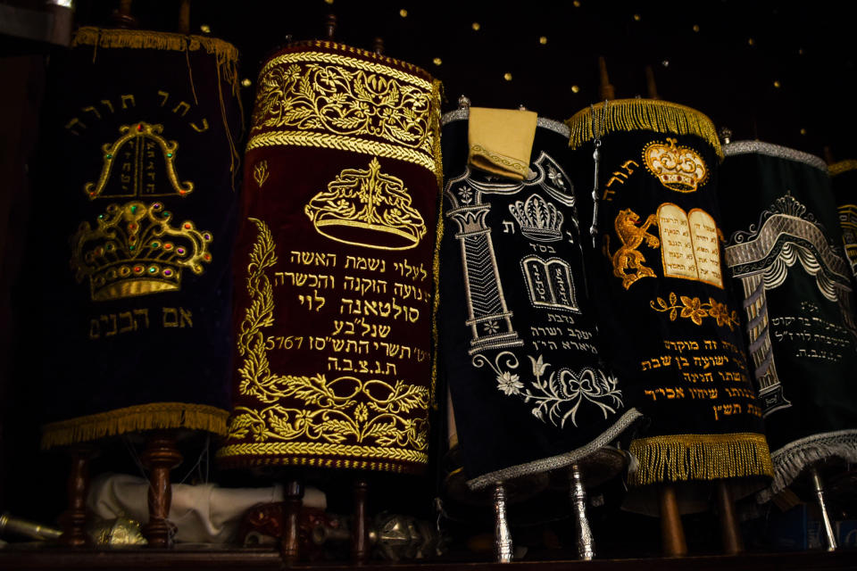 This March 27, 2019 photo shows the Torah scrolls in the ark of Em Habonim Synagogue of Casablanca, Morocco. The city in the North African kingdom once had a thriving Jewish population. Jewish heritage tours to Morocco are common among Jews of Moroccan descent. (Mishael Sims via AP)