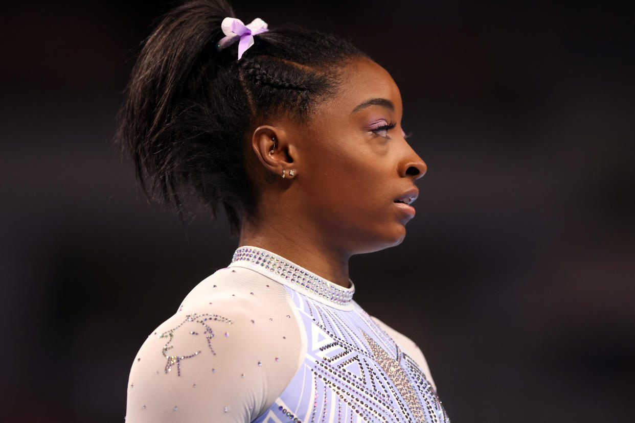 Simone Biles, whose leotard bears a goat, seen just before competing in the floor exercise during the Senior Women's competition of the 2021 U.S. Gymnastics Championships in June in Fort Worth, Texas. (Photo: Jamie Squire/Getty Images)