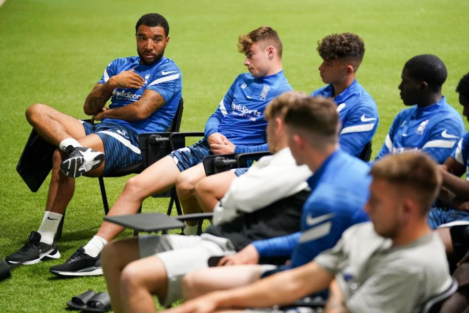 Deeney (left) speaks to players during the talk (Jacob King/PA) (PA Wire)