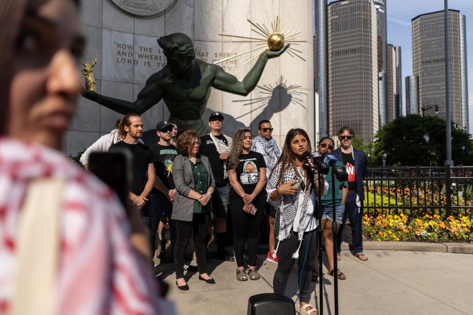 Listen to Michigan leader Lexis Zeidan speaks during a news conference in front of the Spirit of Detroit statue in downtown Detroit on Monday, May 20, 2024. Zeidan spoke about her interaction with a Detroit Police lieutenant who commented on her going back to Mexico referencing social media photos of her trip while she was protesting outside of an NAACP fundraising dinner attended by President Joe Biden over the weekend while calling for a Free Palestine.