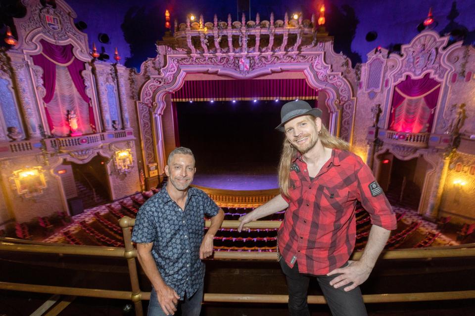 Jay Secrest, left, and Ken Harding of New Wave Nation are shown inside the Canton Palace Theatre, where they will hold a 25th anniversary concert at 7:30 p.m. today. Tickets are $25.