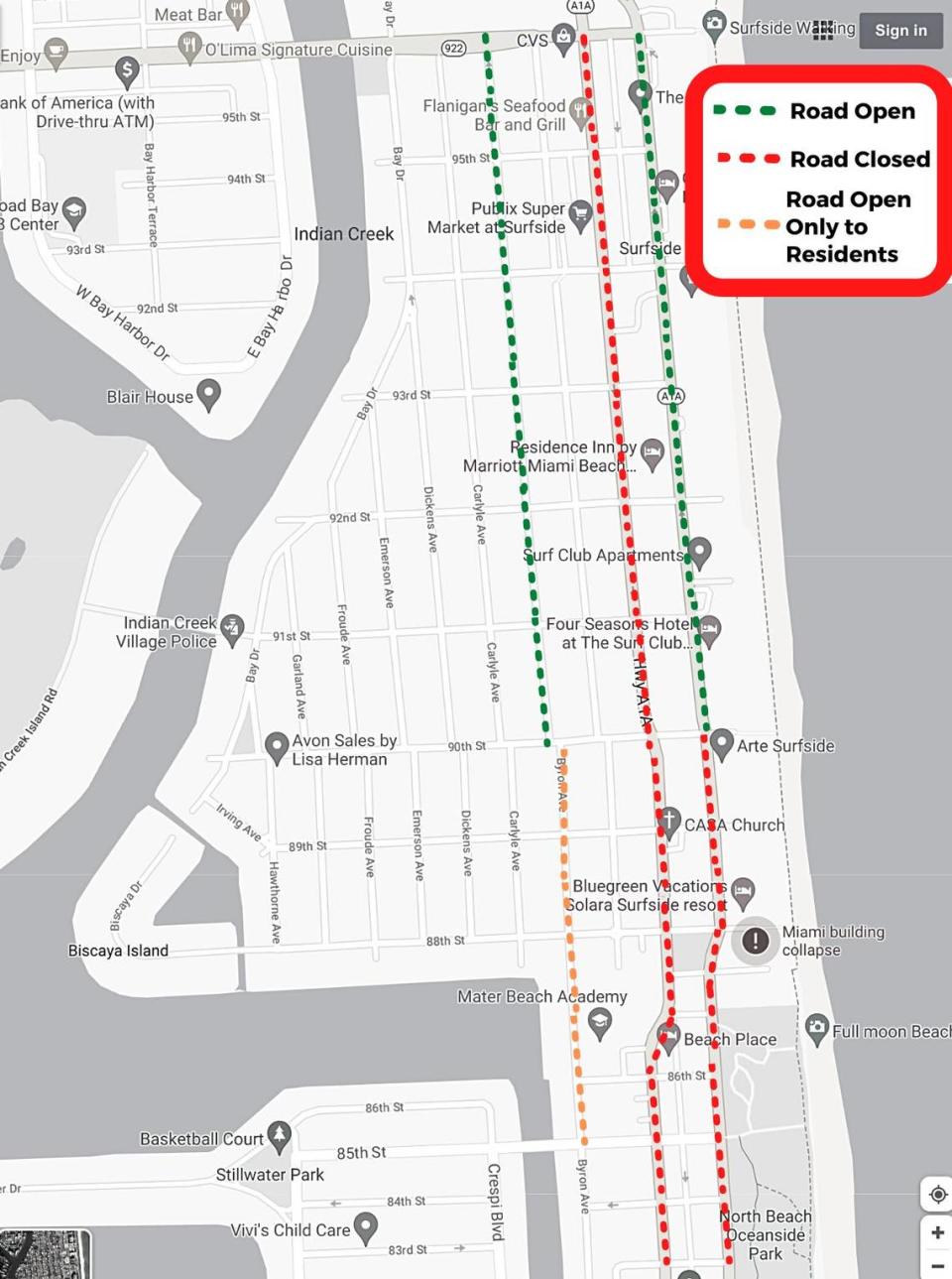 A map of the road closures around the collapsed Champlain Towers South