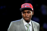 NEWARK, NJ - JUNE 28: Moe Harkless of St. John's Red Storm walks on stage after he was selected number fifteen overall by the Philadelphia 76ers during the first round of the 2012 NBA Draft at Prudential Center on June 28, 2012 in Newark, New Jersey. NOTE TO USER: User expressly acknowledges and agrees that, by downloading and/or using this Photograph, user is consenting to the terms and conditions of the Getty Images License Agreement. (Photo by Elsa/Getty Images)