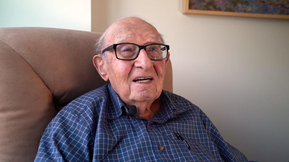 Alexander Wilde, photographed at his home in South Burlington on May 12, a week before his 100th birthday.